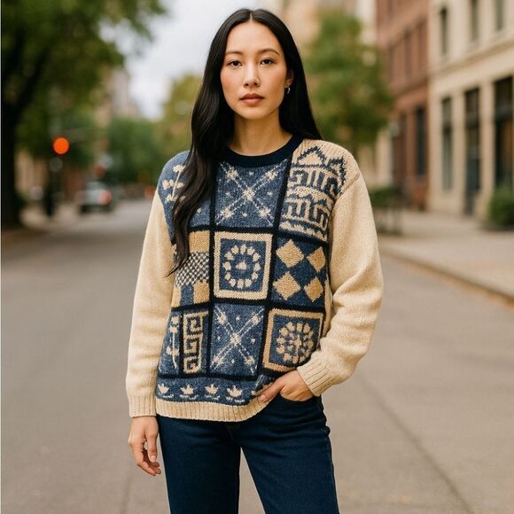 Vintage Spice of Life Knit Granny Square Sweater, Shades Of Blue Cottagecore | M - Picture 1 of 10